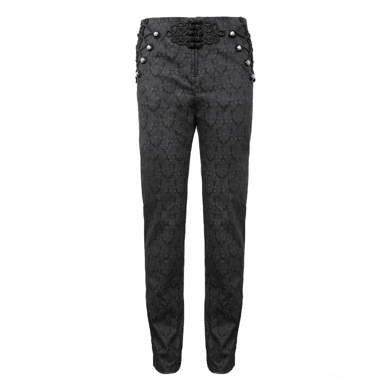 Black gothic vintage jacquard pants flat lay front, high waist design with lace front detail and silver side button decorations