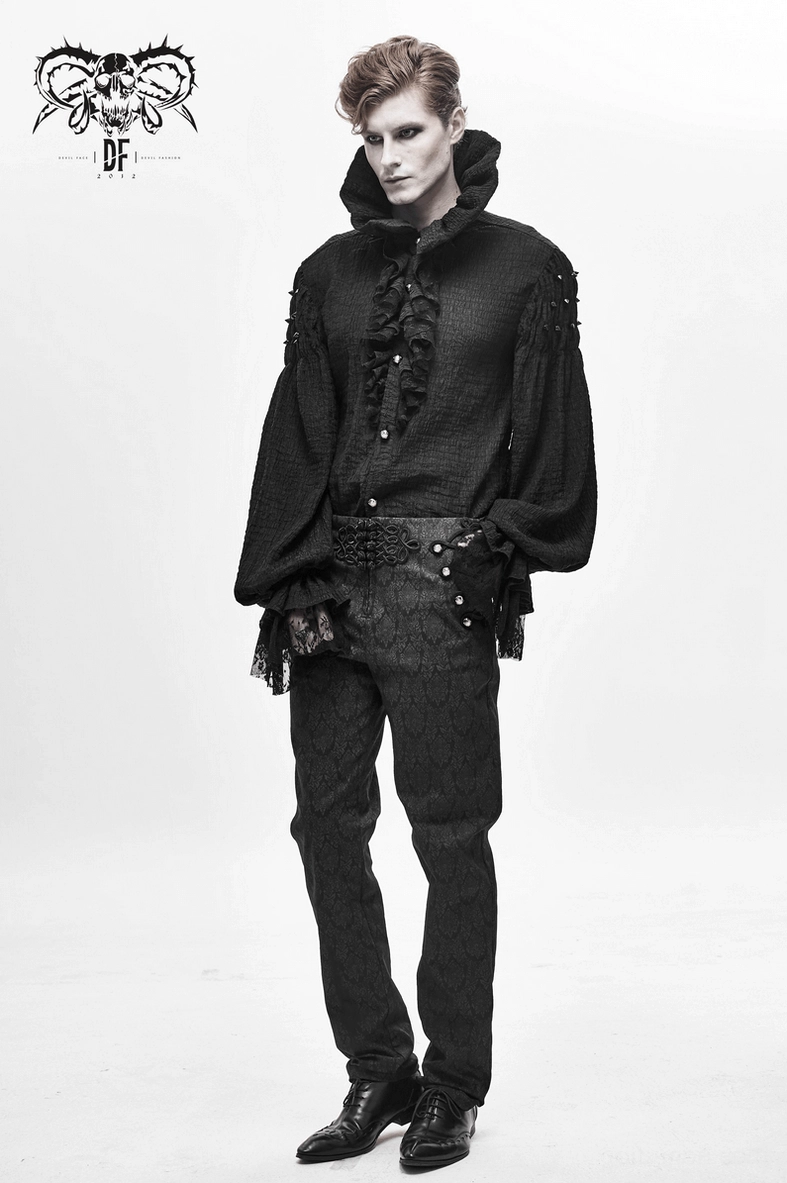 Black gothic vintage jacquard pants showing waistband, button placement, and high-waist design characteristic of neo-Victorian style