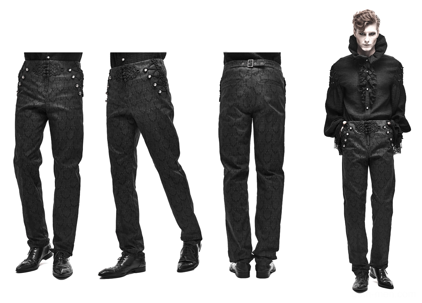 Black gothic vintage jacquard pants product lifestyle image showing complete garment fit and elegant drape on model