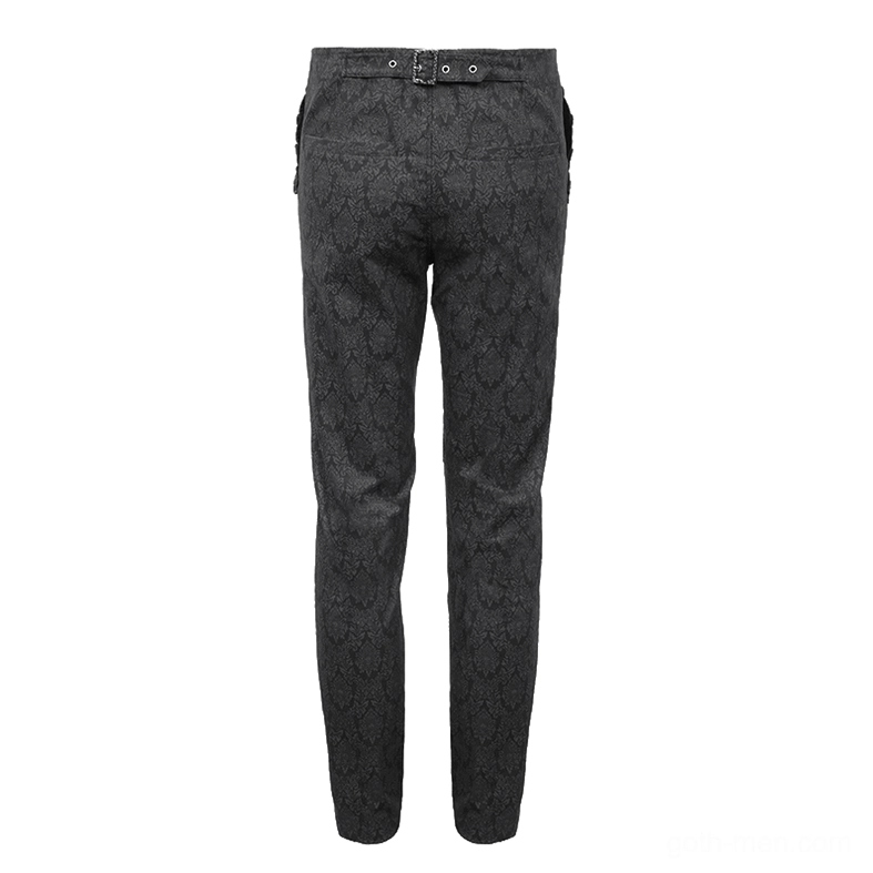 Black gothic vintage jacquard pants rear flat lay, displaying adjustable back belt system and straight leg cut