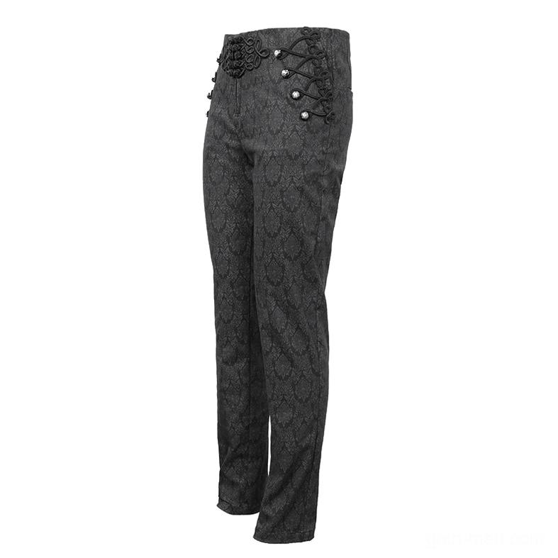 Black gothic vintage jacquard pants side flat lay, showing braided lace-up with silver round buttons and embossed jacquard texture