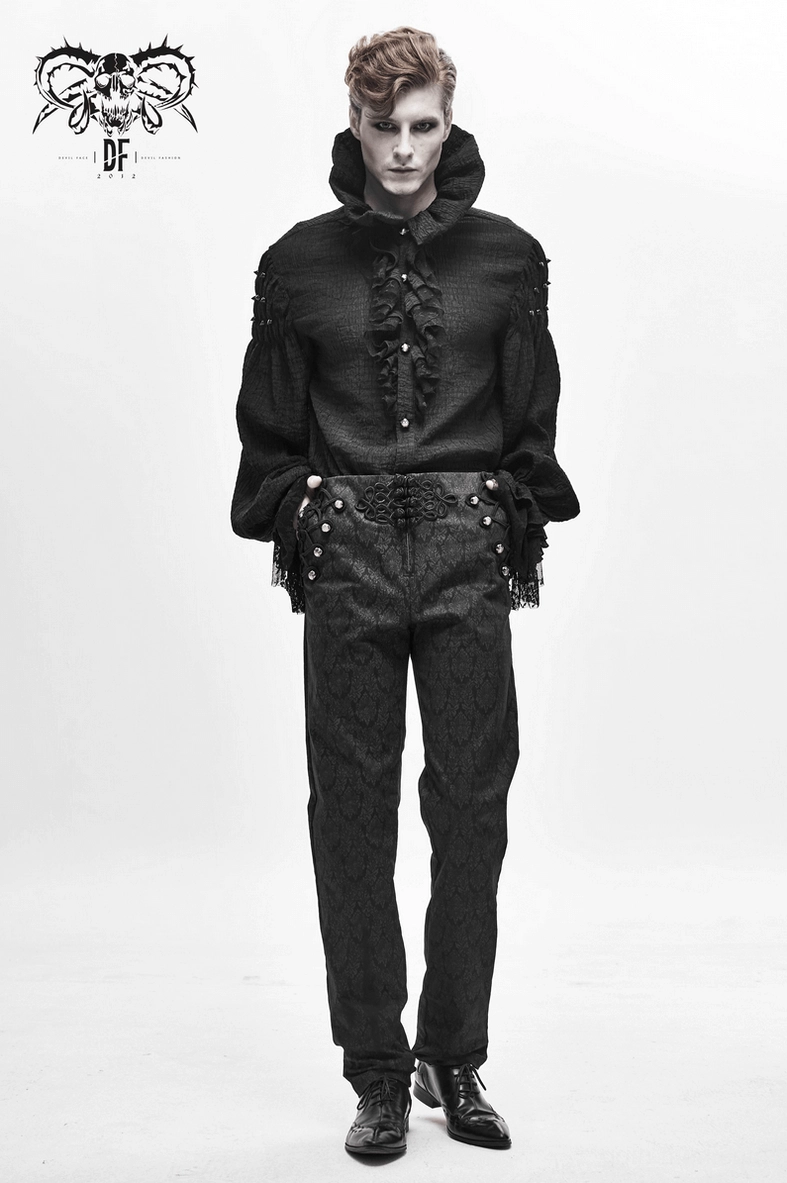 Black gothic vintage jacquard pants full product detail view emphasizing the ornamental silver buttons and refined tailoring