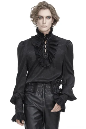 Gothic black lace bishop sleeve shirt front view on male model with ruffled stand collar and lace-up front closure