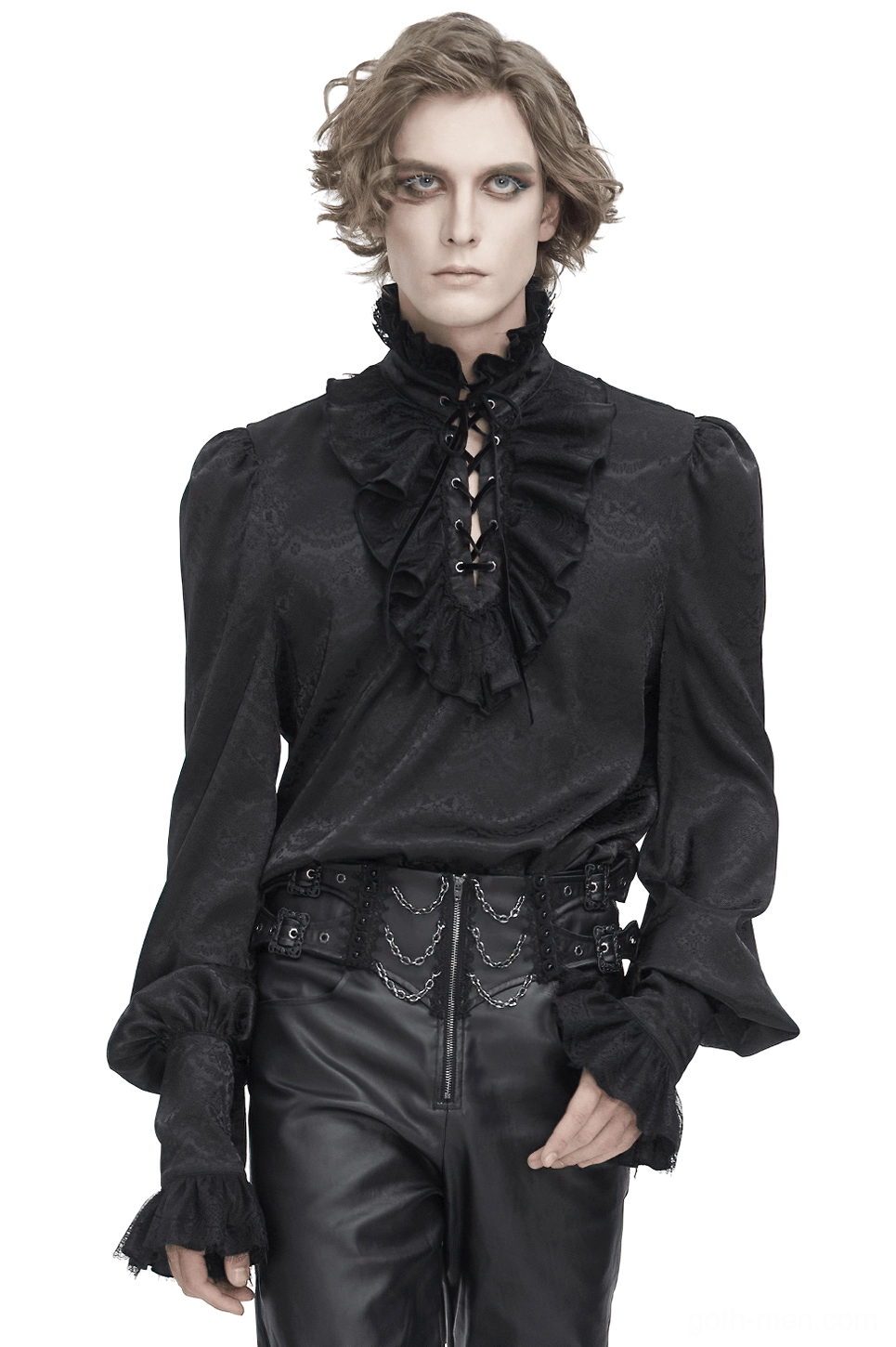 Gothic black lace bishop sleeve shirt front view on male model with ruffled stand collar and lace-up front closure