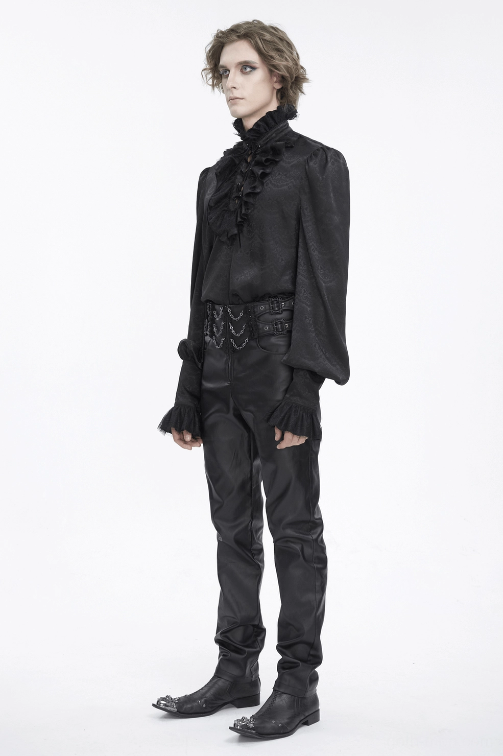 Complete view of gothic black lace shirt with bishop sleeves and ornate lace pattern for alternative fashion