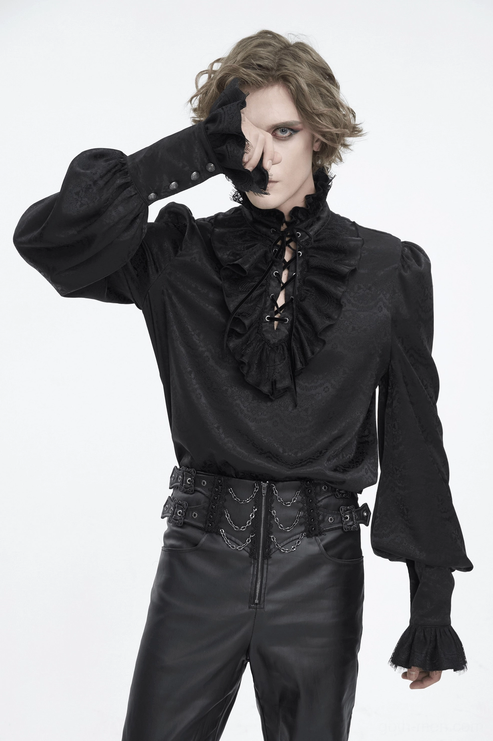 Gothic Victorian black lace shirt displaying bishop sleeve silhouette and decorative lace detailing