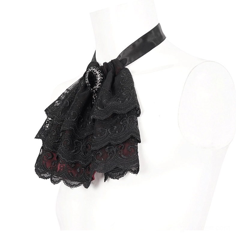 Black lace gothic cravat side front view on mannequin, showing ruffled texture and gem brooch detail