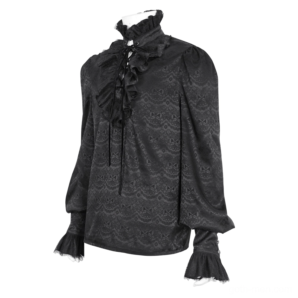 Black lace gothic shirt three-quarter view on mannequin displaying high ruffled collar and bishop sleeves