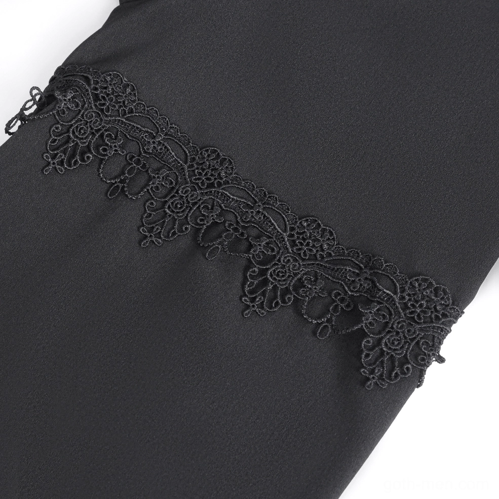 Victorian gothic black lace shirt displaying full front lace panel design with bishop sleeves