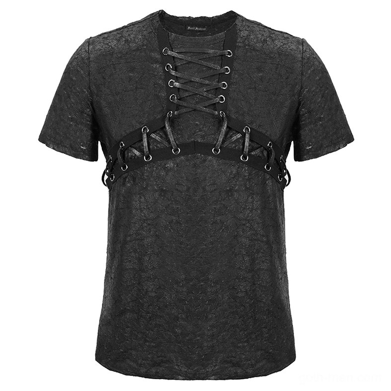 Flat lay front view of black gothic men's t-shirt displaying lace-up neckline and chest design with cracked fabric