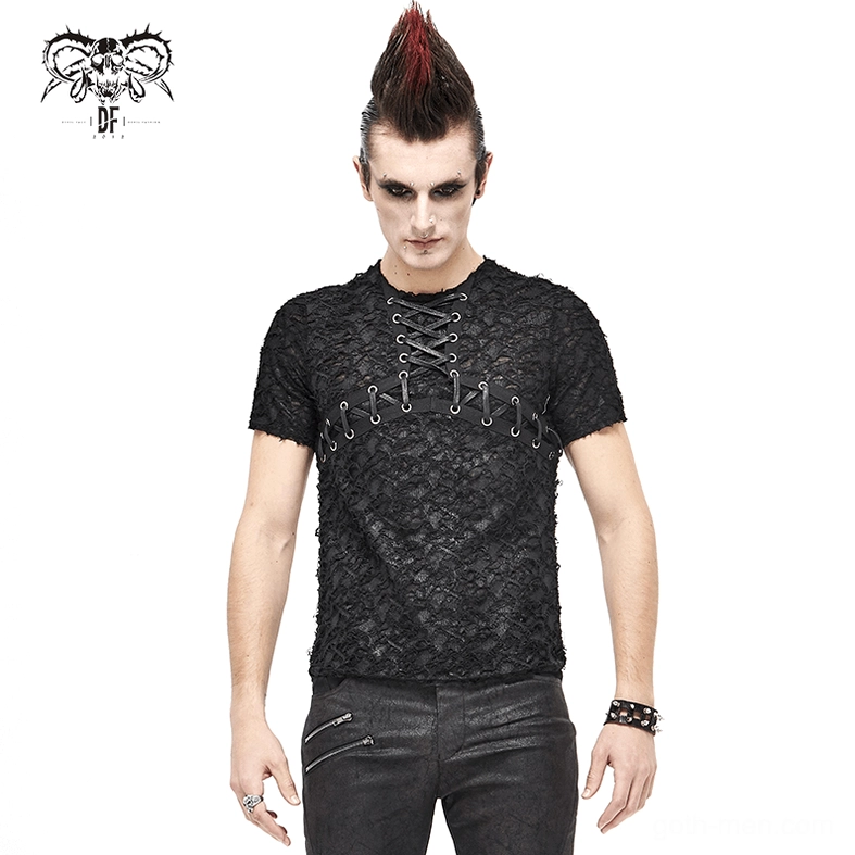 Full front model shot of gothic punk men's lace-up t-shirt paired with biker pants and studded wristband