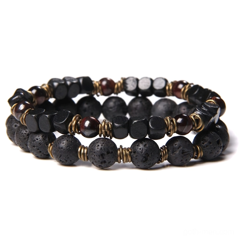 Black lava stone and dark matte bead bracelet, gothic mens wrist jewelry protective talisman