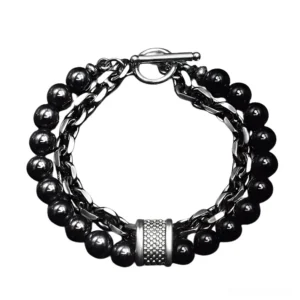Black lava stone and stainless steel gothic bracelet - dual layer beaded design with industrial metal accents