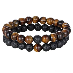 Black lava rock and tiger eye stone couples distance bracelets - gothic natural stone beaded bracelet set