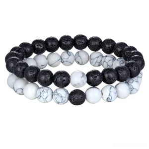 Black lava and white howlite gothic couples bracelet set with elastic stretch cord