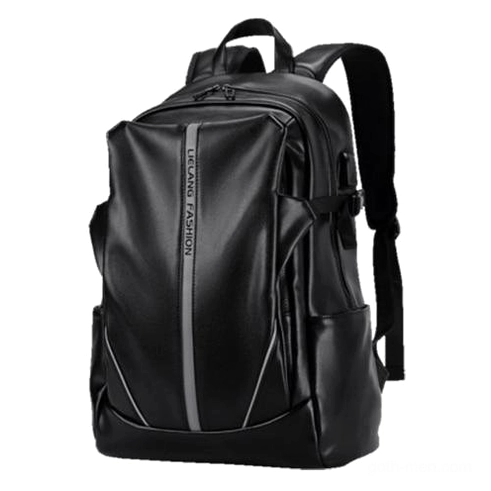 Gothic black leather backpack full front view with reflective safety strip and embossed details, standalone product display