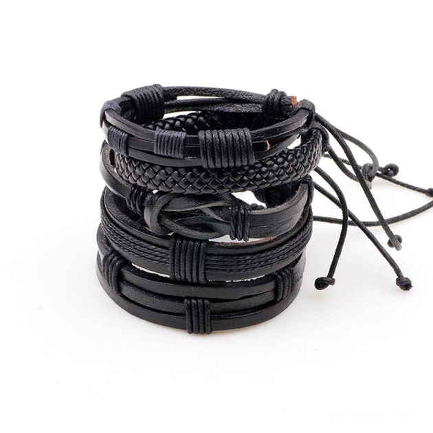 Gothic black leather multi-layer bracelet set 5 pieces stacked aesthetic white background