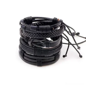 Black leather bracelet set 5 piece gothic wristband collection geometric knit design top view