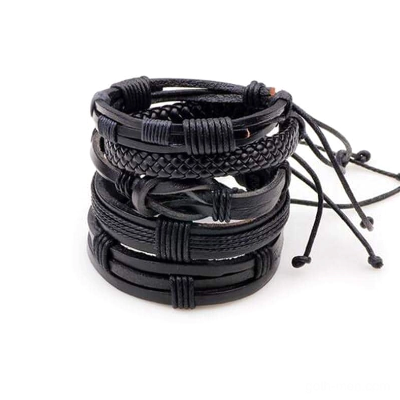 Black leather bracelet set 5 piece gothic wristband collection geometric knit design top view