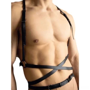 Black leather chest harness front view on muscular man, showcasing cross-chest straps and metal O-ring hardware in gothic style