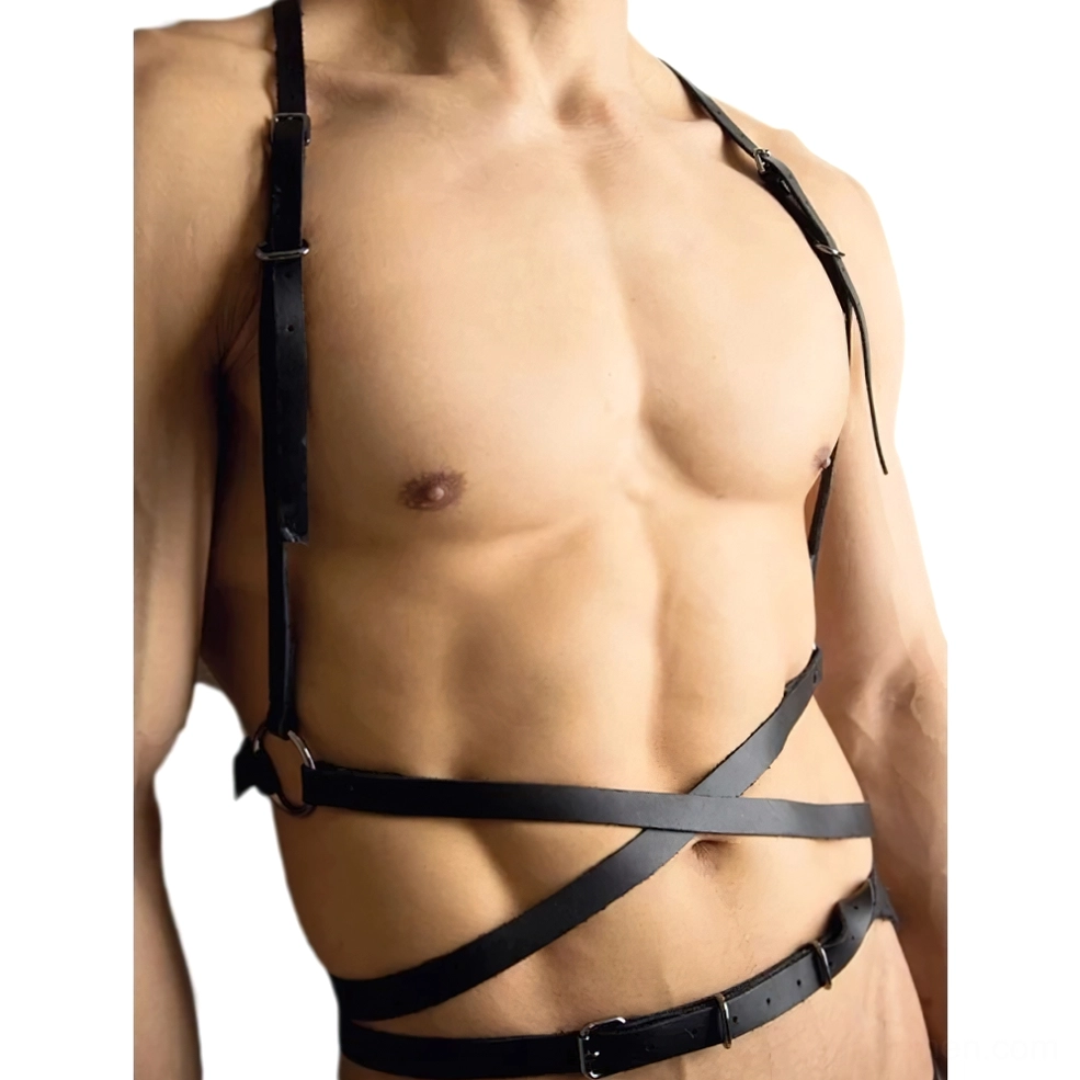 Black leather chest harness front view on muscular man, showcasing cross-chest straps and metal O-ring hardware in gothic style
