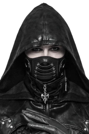 Gothic black leather face mask with metal rivets and mesh panels, frontal studio view worn by model