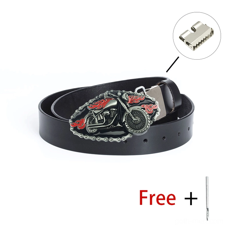 Black leather biker belt with silver motorcycle-themed buckle detail, showcasing authentic gothic alternative fashion style