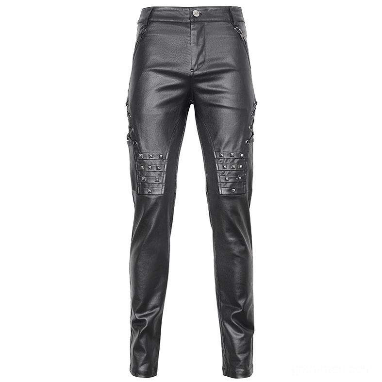 Black gothic leather biker pants front view with zipper fly and studded details