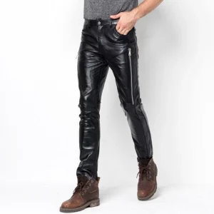 Black leather skinny motorcycle pants with side zippers front view