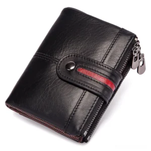 Black gothic genuine leather wallet with red striped snap strap and dual zippers, front flat lay view