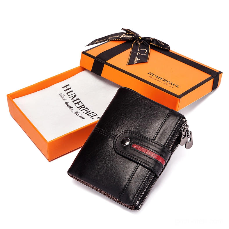 Black genuine leather wallet with gift box packaging, retail presentation three-quarter display view