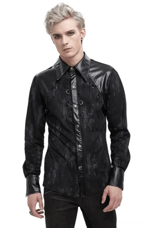 Gothic men's black long sleeve shirt with metal chest chains and PU leather inserts - front view on model