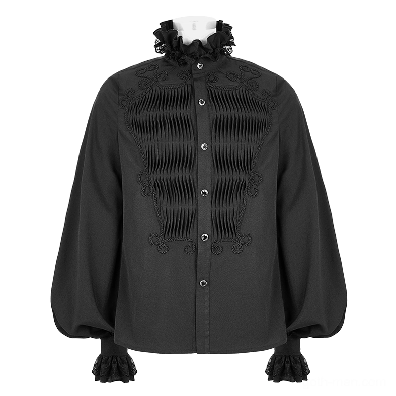 Black gothic shirt full front view on display mannequin with lace-trimmed cuffs and pleated front panel