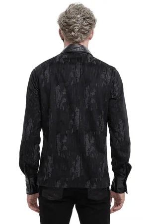 Black gothic long sleeve shirt rear view displaying distressed fabric and PU leather cuff details on model