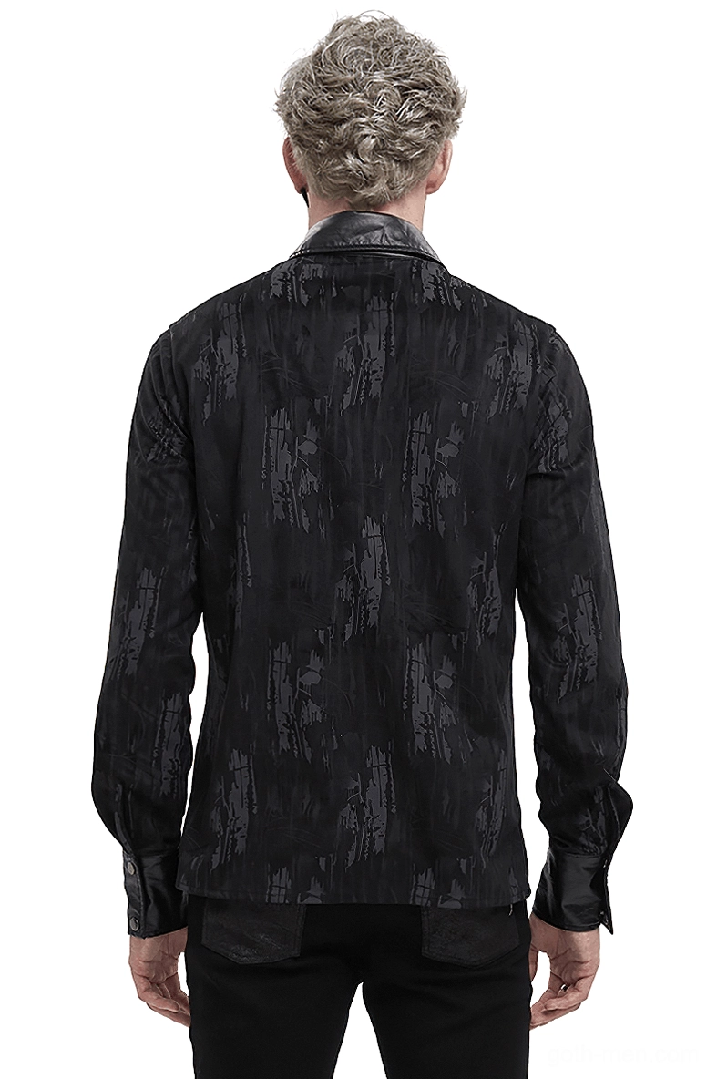 Black gothic long sleeve shirt rear view displaying distressed fabric and PU leather cuff details on model