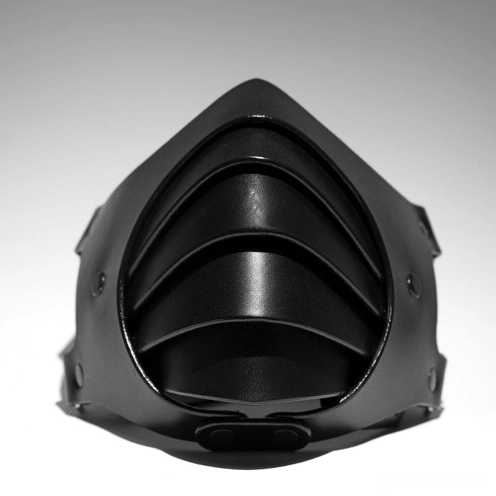 Complete view of adjustable gothic black face mask showing all metal hardware, rivets, and strap components