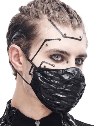 Left side profile of cyberpunk black face mask on male model showing adjustable ear cord and facial pierce decor