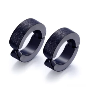 Sandblasted matte black stainless steel hoop ear cuffs - frosted gothic earrings detail shot