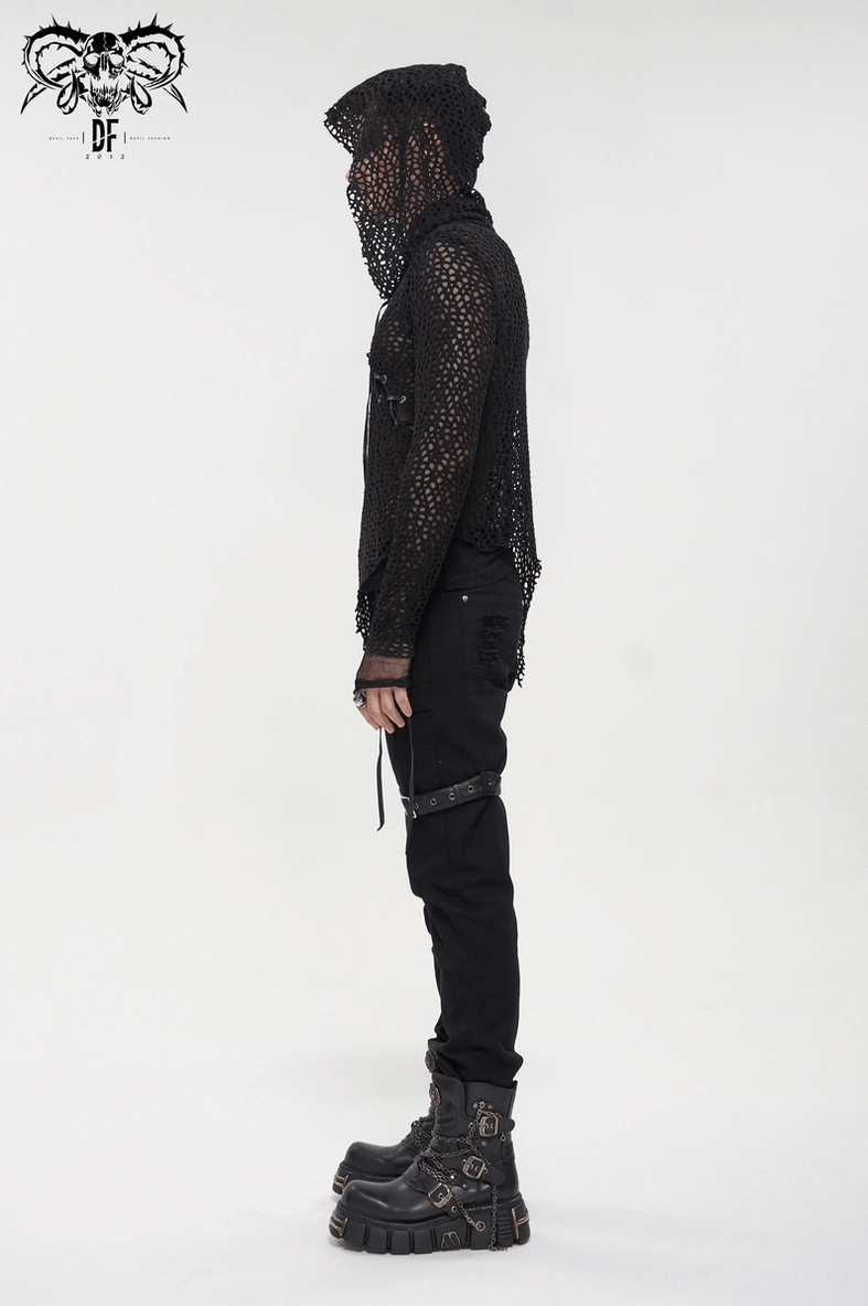 Gothic punk black mesh hooded top with long sleeves and transparent knit fabric detail view