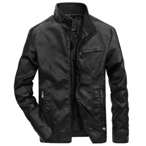 Men's black gothic moto leather jacket with stand collar and multiple zipper pockets, front view studio shot