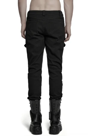 Black tactical buckle strap pants rear view with skull details and platform combat boots pairing