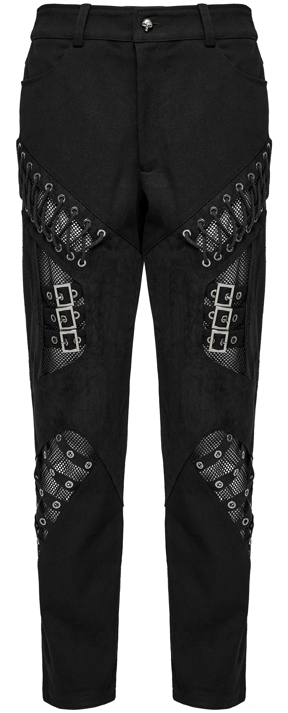 Punk black pants front flat lay with detailed lace buckle mesh thigh decorations and slim fit profile