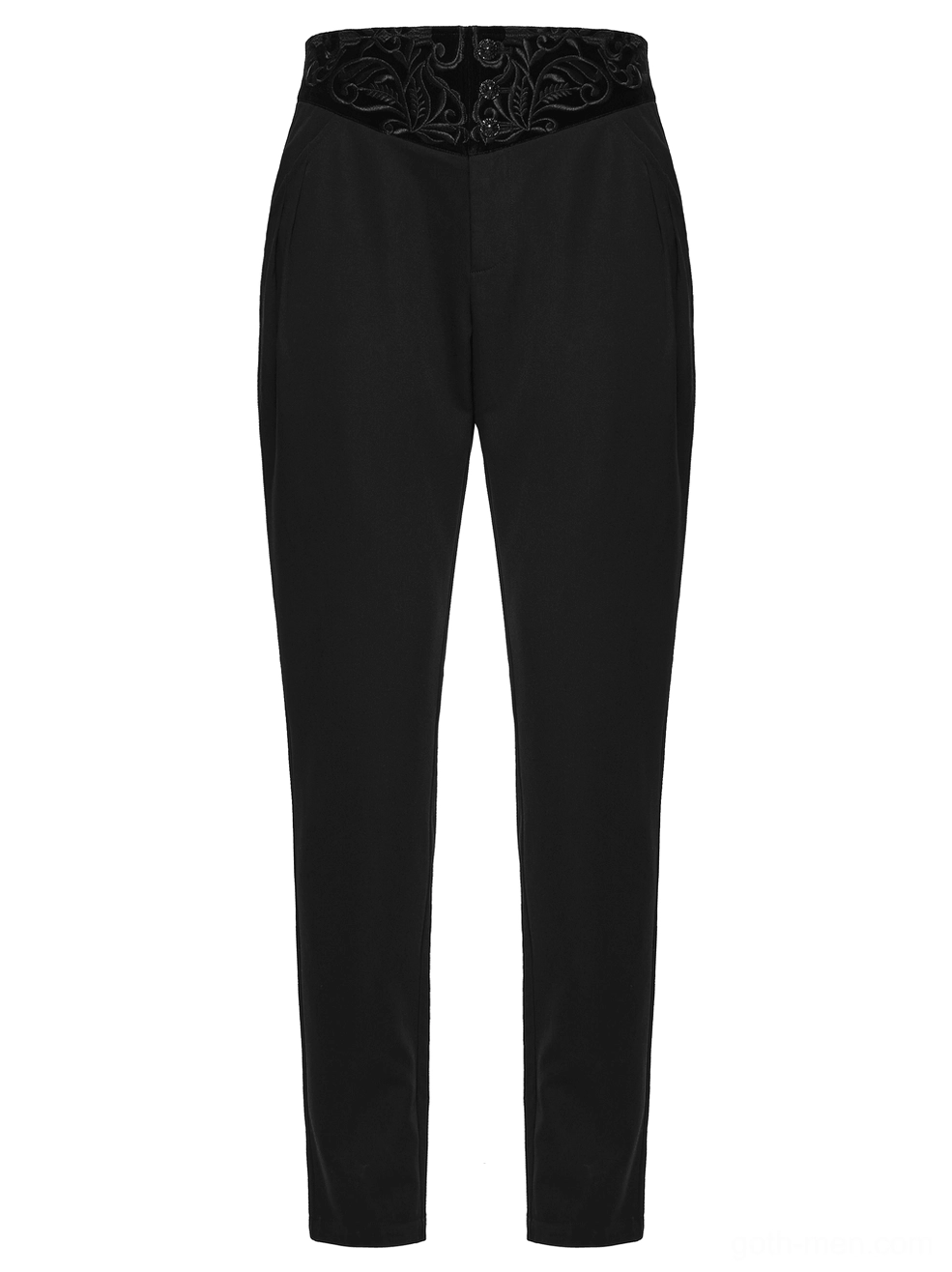 Front view of black gothic slim-fit pants showing high-waisted tailored construction