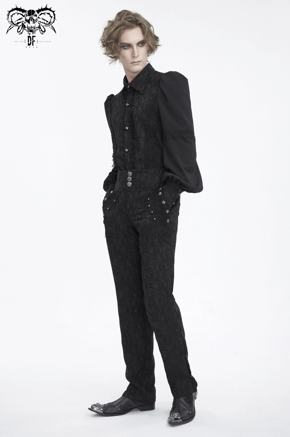 Gothic black trousers close-up of lace embroidery and floral jacquard elements