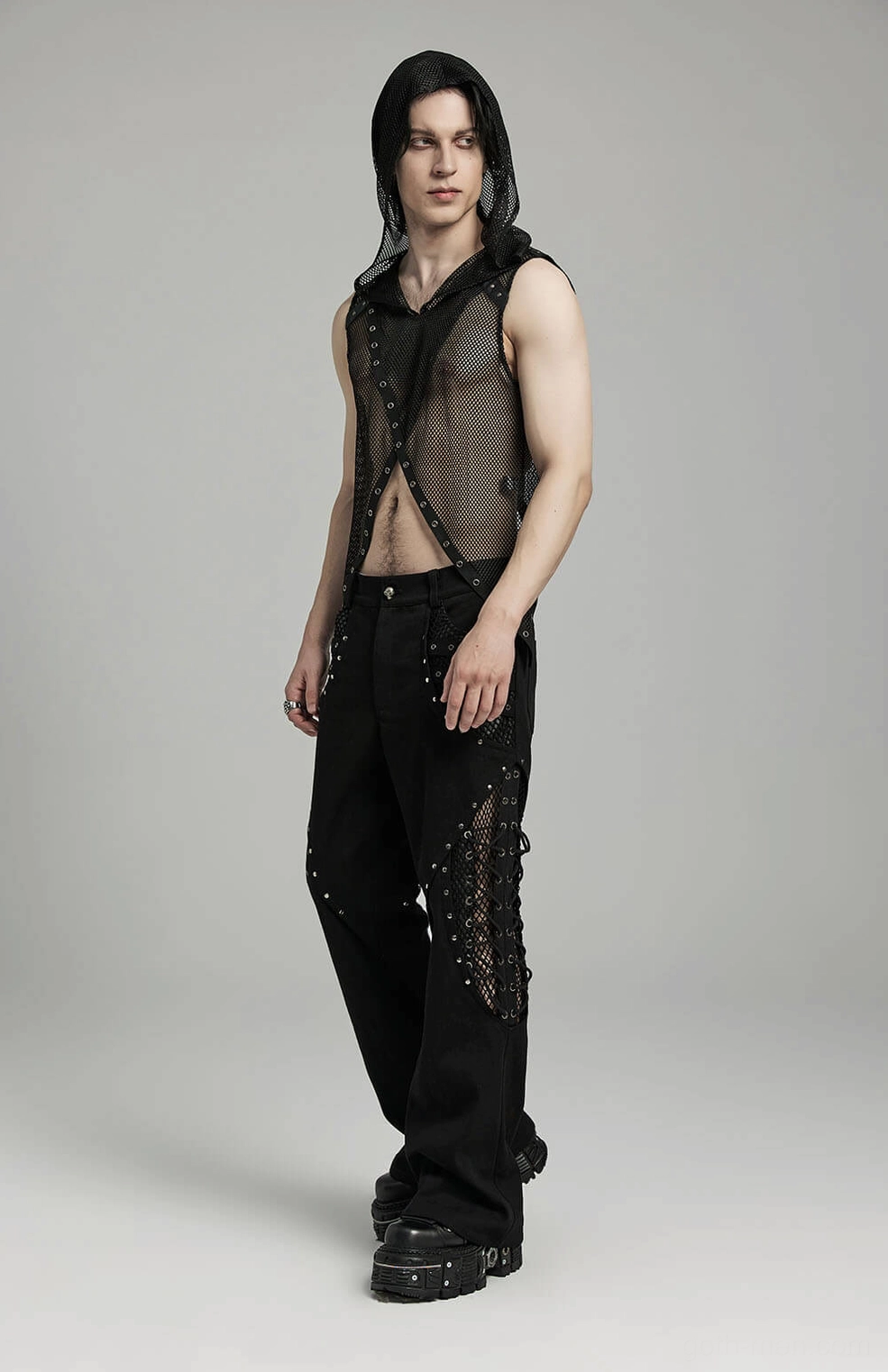 Lace-up mesh drawstring detail on gothic alternative mens black trousers