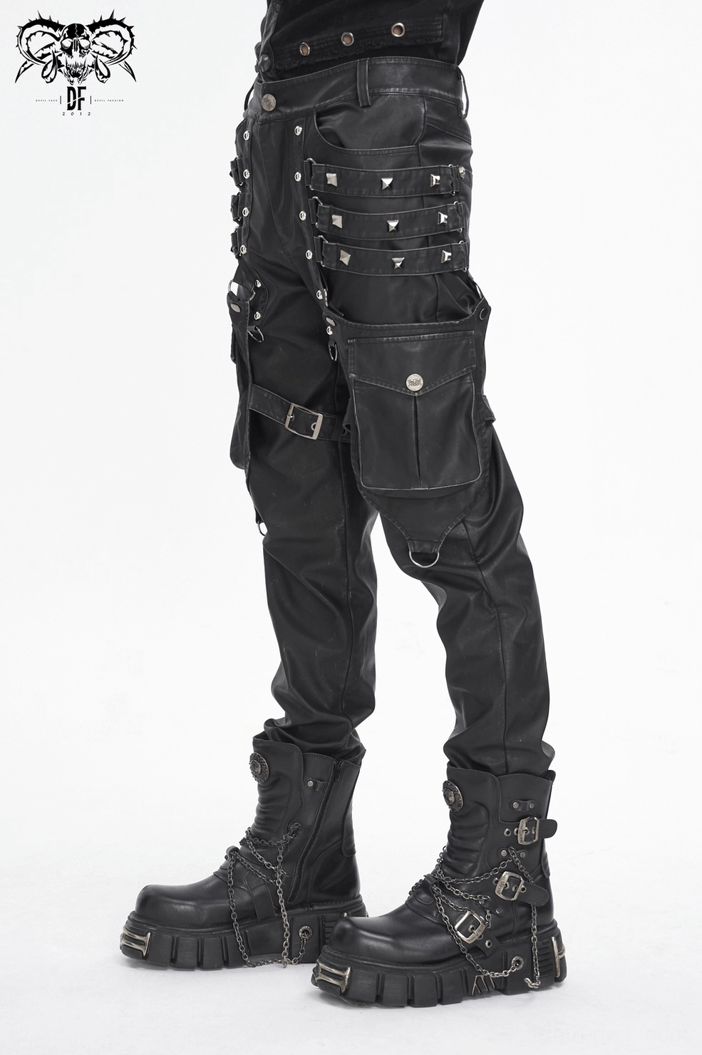 Gothic black leather pants full garment view emphasizing leg strap placement, buckle details, and industrial punk aesthetic design