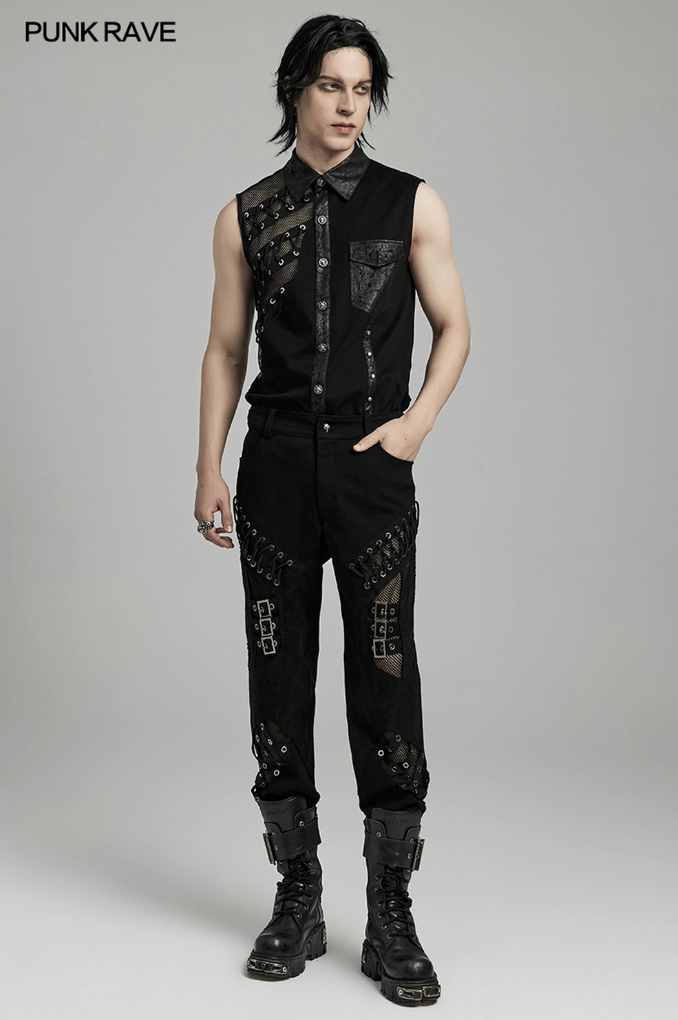 Gothic mesh laced pants worn on model with metal eyelet details and dark aesthetic
