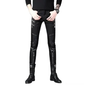 Black patchwork PU leather biker slim pants front view - gothic punk male trousers with decorative zippers and faux leather thigh panels