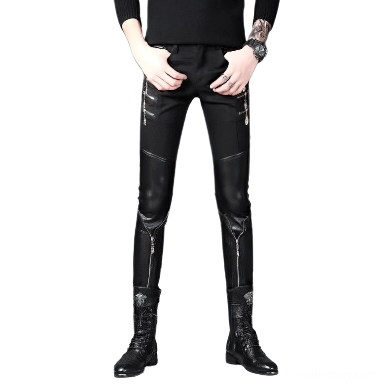 Black patchwork PU leather biker slim pants front view - gothic punk male trousers with decorative zippers and faux leather thigh panels