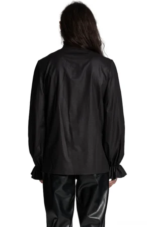 Gothic pleated black shirt full front view showing 3D pleated chest detail and metal beast head buttons